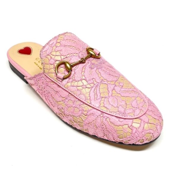 GUCCI Princetown Horsebit Detailed Lace Slippers pink 39 - Picture 3 of 5